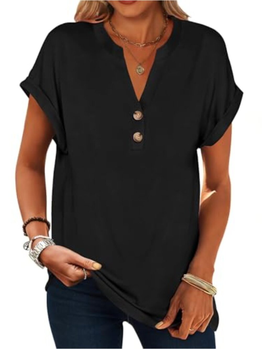 Womens Henley V Neck Rolled Short Sleeve Top Loose Fit Tunic Tee